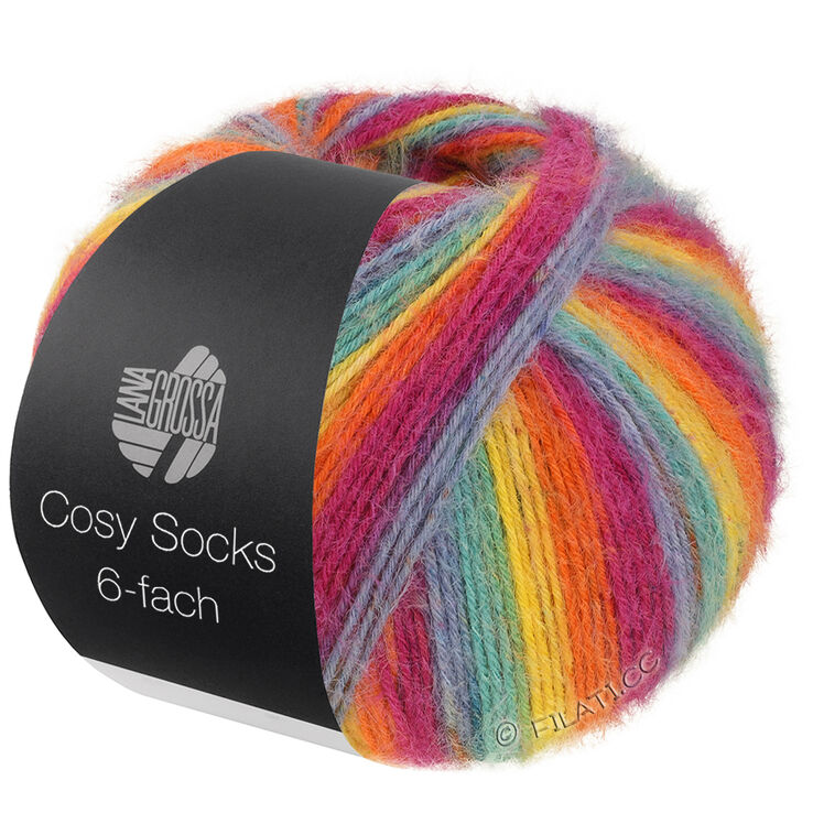Lana Grossa MEILENWEIT 6-FACH 150g Cosy Socks Multi Stripes | 2201-Rauchblau/Türkis/Gelb/Orange/Fuchsia