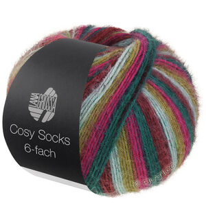 Lana Grossa MEILENWEIT 6-FACH 150g Cosy Socks Multi Stripes | 2206-Dunkelrot/Minttürkis/Olivgrün/Dunkelfuchsia/Opalgrün