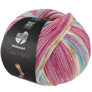 Lana Grossa MEILENWEIT 100g Cashmere Pista | 146-Hellfuchsia/Dunkelfuchsia/Weiß/Ocker/Türkis/Hellblau gestreift