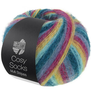 Lana Grossa MEILENWEIT 100g Cosy Socks Multi Stripes | 155-Dunkelpetrol/Helltürkis/Gelb/Orchidee/Grauviolett